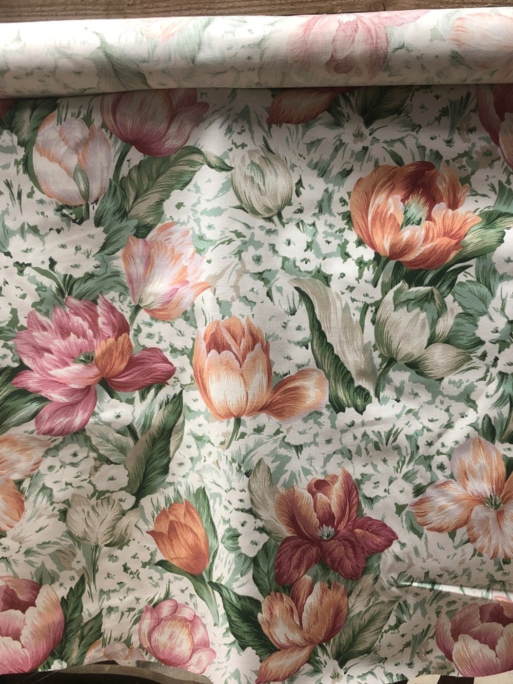 5 yards VTG 80s Ambiance Designer Apricot & Pink Tulips Floral Upholstery Fabric